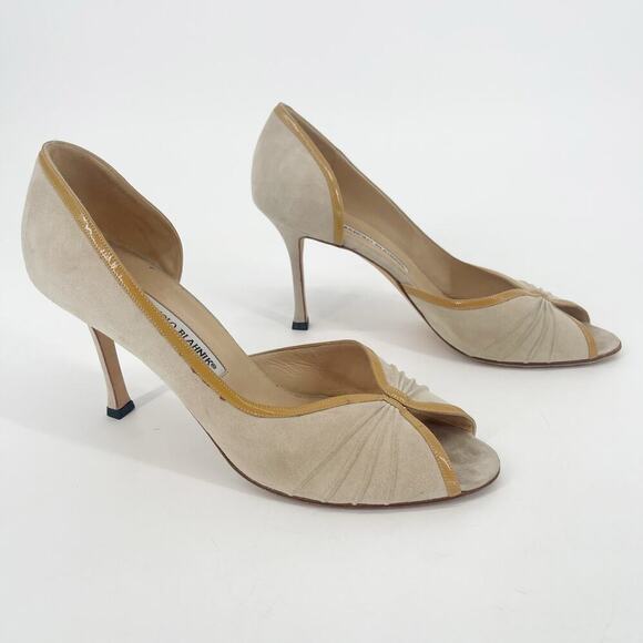 Manolo Blahnik Vintage Beige Suede Tan Patent Leather Trim Peep Toe Heel IT 41 - Picture 1 of 11